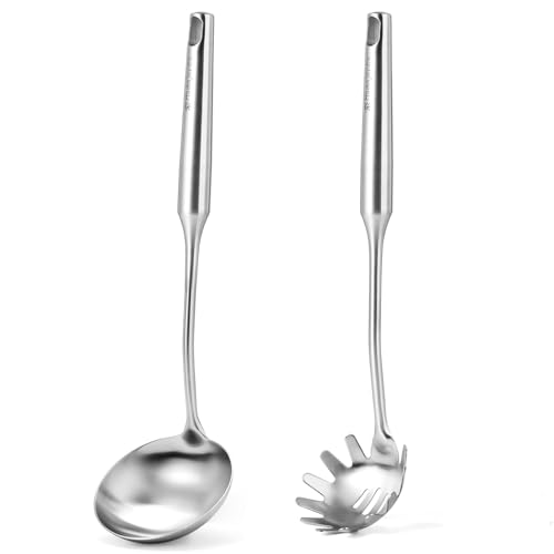 Stainless Steel Soup Ladle and Spaghetti Spoon Set - Large Ladle Spoon, Pasta Strainer, Durable Kitchen Cooking Utensils for Stirring, Serving Pasta, Soup & Sauce，Perfect Gifts - size: Silvery