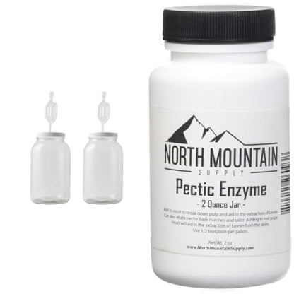 FastRack Set of 2 One Gallon Wide Mouth Jars with Drilled Lid & Airlock + North Mountain Supply 2 Ounce Pectic Enzyme Jar