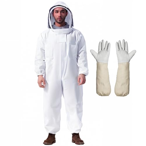 Professional Beekeeping Suit with Gloves – Full-Body Protection, Breathable Fabric, Adjustable Hood – Beekeeper Outfit for Men & Women (Includes Goatskin Gloves) XL for 5'7"-5'11"