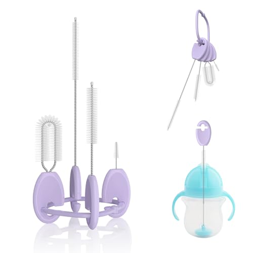 Baby Straw Brush Set, 4 Piece Cleaner Kit with Standable Key Ring for Sippy Cups, Weighted Straw Cups & Baby Bottles – Designed for 0–24 Months, Purple - color: Purple, size: Baby Version（0–24 Months）