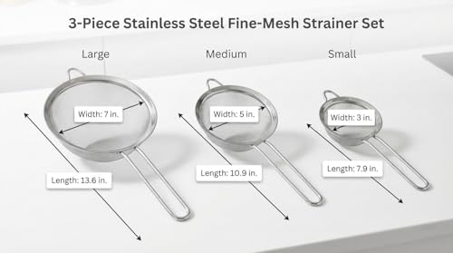 3-Piece Fine Mesh Strainer Set, Stainless Steel Sieves & Colanders for Kitchen - Perfect for Sifting Flour, Rinsing Quinoa & Straining Pasta - Includes 3, 5, and 7 Inch Food Strainers