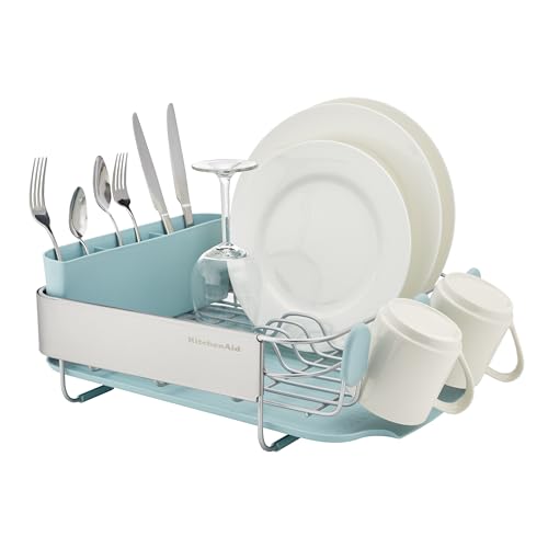 KitchenAid Compact Space Saving Rust Resistant Dish Rack with Removable Flatware Caddy and Angled Self Draining Drainboard, 12.63 x 15.87 x 5.54 Inch, Mineral Water - color: Mineral Water, size: Compact