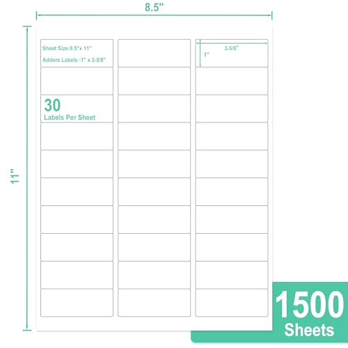 L LIKED Printable Address Labels, 1" x 2-5/8", 45,000 Labels, 30 per Sheet, Mailing Labels for Envelopes, Inkjet/Laser Printer Compatible (1500 Sheets) - size: 1500 Sheets