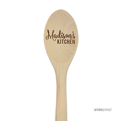 Andaz Press Personalized Laser Engraved Wooden Mixing Spoon, 12-inch, Madison's Kitchen, 1-Pack, Custom Name - color: Custom Kitchen