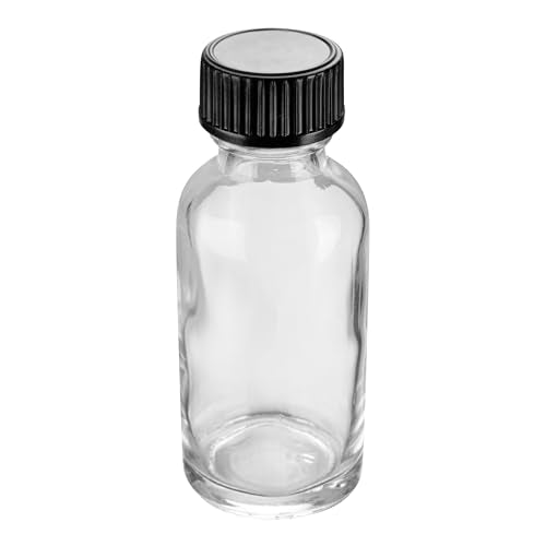 Restaurantware Vetri 1 Ounce Boston Glass Bottles, 48 Sample Bottles With Black Phenolic Caps - Dishwashable, Round, Clear Glass Bottle, For Potion, Juice, Ginger Shots, Whiskey, Liquids - color: Clear, size: 1 oz