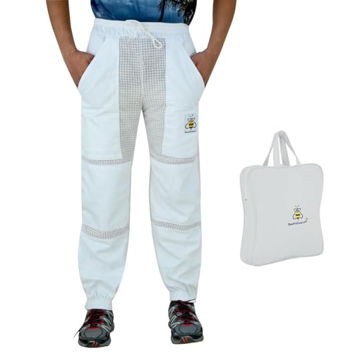 BeeProGear Sting-Proof Beekeeping Pants for Men & Women, Ventilated 3-Layer Mesh Pants with Tool Pockets & Carry Bag - color: White, size: X-Large