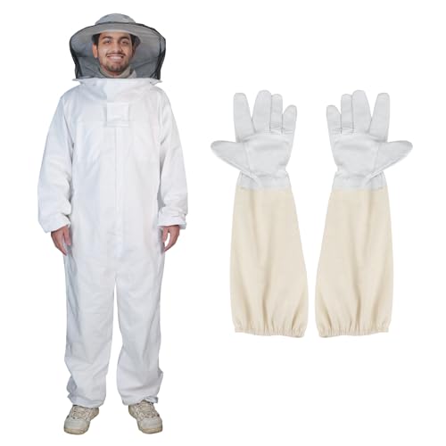 Bee Suit Series,One-Piece Full Set of Clothing with Gloves,Polycotton Material is More Assured - color: White Round Veil, size: XL Large