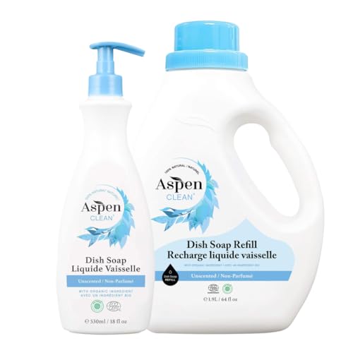 AspenClean | Dish Soap & Refill | Unscented | Liquid Dishwashing Detergent Soap | Non - Toxic | 100% Natural | EWG Verified | 64 fl oz - Refills Over 3.5 Standard Soap Bottles
