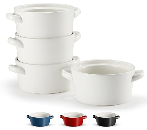 KooK Ceramic Soup Crocks, 18 oz, Set of 4, Matte White | Stackable Bowls, Broil Safe, Oven Safe, Microwave Safe, Dishwasher Safe - color: Matte White