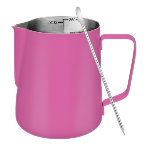 Amrules Milk Frothing Pitcher, 12 oz Milk Frother Cup with Clear Scale, 304 Stainless Steel Cappuccino Espresso Machine Accessories for Barista Coffee Bar with Latte Art Pen, Rose Red - color: Rose Red, size: 12 Ounces