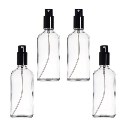 YIZHAO Clear Glass Spray Bottles 4oz, with Small Fine Mist Spray, Metal Cap, Refillable for Essential Oil,Travel,Cleaning,Perfume,Aromatherapy,Makeup – 4 Pcs - color: Transparent, size: 100ml-4