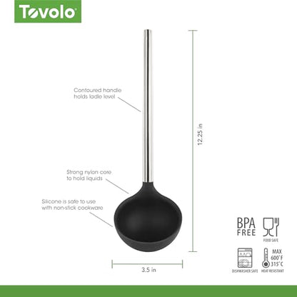 Tovolo Silicone Ladle With Stainless Steel Handle Deep Soup Ladle for Cooking Canning Serving Soup Punch Stew Sauce, Large Kitchen Utensil Spoon Dishwasher Safe BPA Free Silicone Black - color: Black