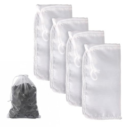 4-Pack Extra Fine Mesh Bag, 180μm Aquarium Filter Bags | Reusable nylon drawstring pouches for very fine resins & activated carbon in freshwater or saltwater fish tanks (7.5x3.6in)