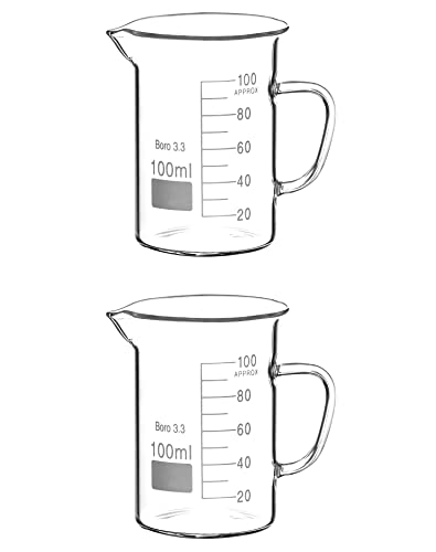 QWORK Beaker with Handle, 100ml Measuring Cup, Borosilicate Glass,Beaker Mug with Pouring Spout, 2 Pack - size: 100 ml (Pack of 2)