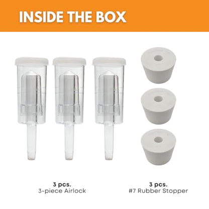 3ct. - 3 Piece Airlock with #7 Stopper - Set of 3 (Cylinder Airlock)