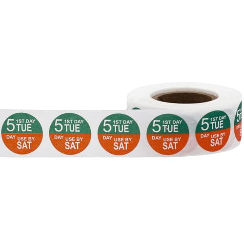 Dissolvable Tuesday Through Saturday 5 Day Food Rotation Labels, 3/4 Inch Use By Stickers, 500 Total Adhesive Labels on a Roll for Restaurant and Kitchen Prep – Made in the USA - color: Tuesday