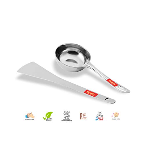 Sumeet Stainless Steel Perfect Dosa Making Spoon/Ladle Set of 2 Pcs (1 Turner, 1 Short Pour Ladle with Flat Base)