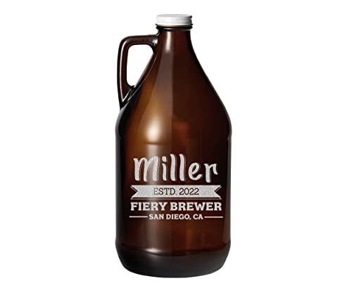TEEAMORE Amber Growler 64 oz Personalized Beer Growler Amber Glass Growlers Custom Handled Jugs Glass Growler for Beer - color: Design-01