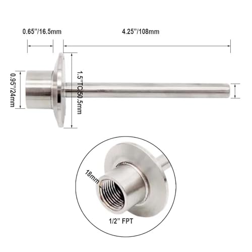 Brewing Accessories 1.5" TC Thermowell 1/2" FNPT 4" Probe Stainless Steel Homebrew Kettle Conical Fermenter Thermowell Brewing Accessories