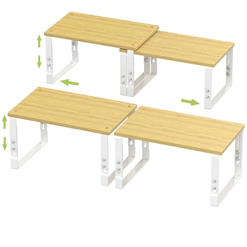 Adjustable Storage Shelves for Kitchen Cabinet Organization - Set of 2 Stackable Metal & Solid Wood Racks, Space-Saving Design for Countertop/Pantry/Garage, Easy Assembly(2 Packs/Medium/White) - color: 2 Packs/White, size: Medium:11.81"Wx7.48Dx5.5"~8.1"H