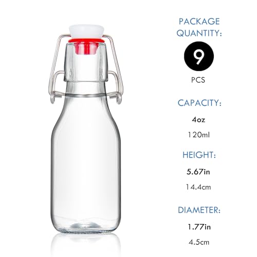 YEBODA 9 Pack 4oz Swing Top Glass Bottles,Small Flip Top Glass bottles with airtight Caps for Home Brewing,Kombucha,2nd Fermentation,Kefir,Beverages,Soda,Oils,Vinegar,Limoncello,Vanilla extract