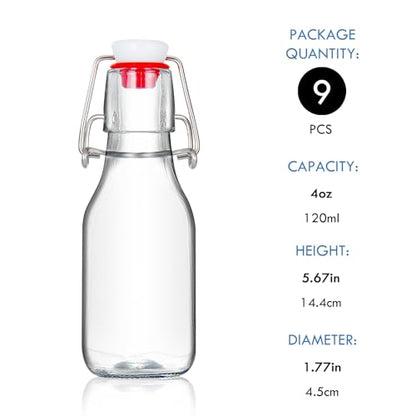 YEBODA 9 Pack 4oz Swing Top Glass Bottles,Small Flip Top Glass bottles with airtight Caps for Home Brewing,Kombucha,2nd Fermentation,Kefir,Beverages,Soda,Oils,Vinegar,Limoncello,Vanilla extract