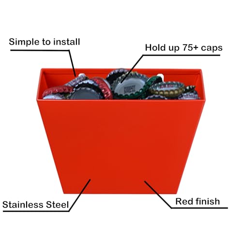 Red Bottle Cap Catcher Wall Mounted Stainless Steel 5" | Red Powder Coated, Beer Cola Top Bucket, With Screws, Mountable for Post Table - color: Red