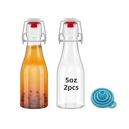 2Pcs 5oz Clear Beer Bottles Flip Top Round Glass Bottles with Leak Proof Easy Caps, 150ML Vinegar Kombucha Bottle for Wedding Themed Baby Shower Christmas Gifts (5oz - 2 Pack) - size: 5oz - 2 Pack