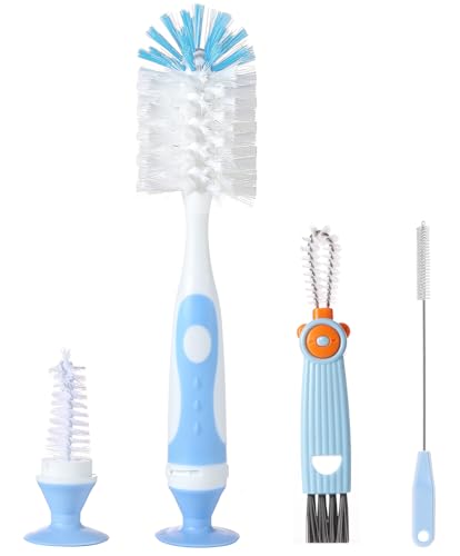 Ariseno 4-in-1 Baby Bottle Brush Set, Bottle Brush for Baby, Bottle Cleaner Brush Set, Including Nylon Bottle Brush, Bottle Cap Brush, Straw Brush, Nipple Brush, BPA-Free (Blue) - color: Blue-nylon