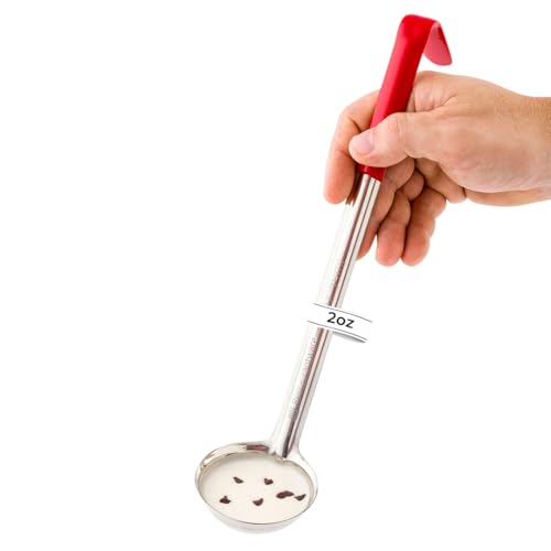 Restaurantware Met Lux 2 Ounce Soup Ladle 1 Hook Handle Serving Spoon - With Red Handle Dishwashable Stainless Steel Cooking Ladle For Pouring And Cooking Perfect for Soup Chilli Or Batter - size: 2 oz