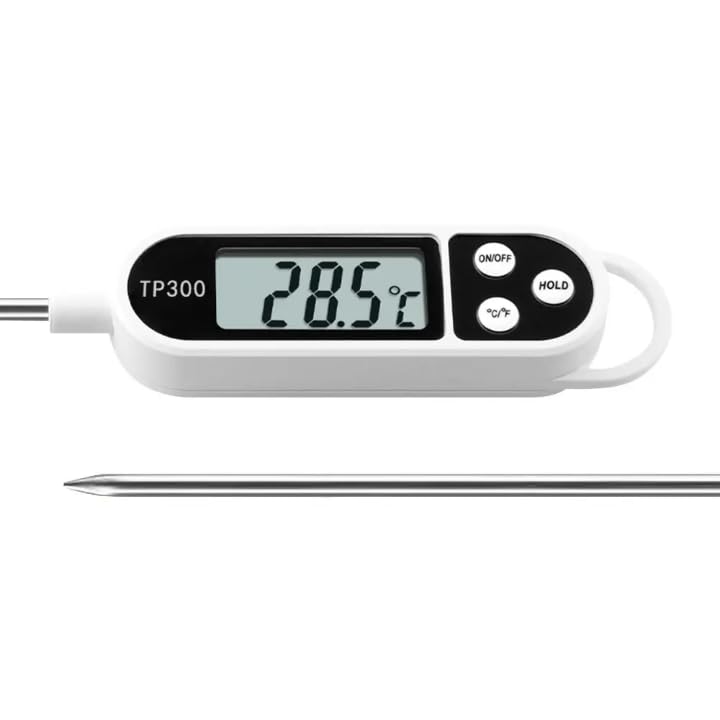 Digital Food Thermometer – Instant Read Meat Probe with LCD Display, °C/°F Switch, Long Stainless Steel Sensor for BBQ, Grill, Oven, Baking & Cooking Thermometer TP300 White - color: White