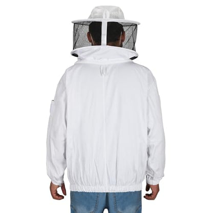 Beekeeping Jacket with Round Veil - Breathable Cotton Beekeeper Suit with YKK Zippers & Protective Hood (BP-102-White)-S - color: White Round Veil, size: Small