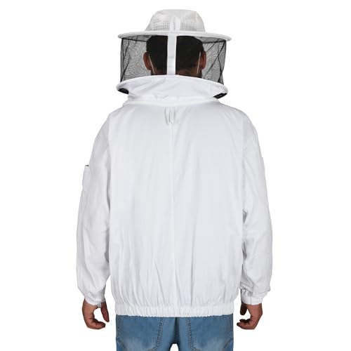 Beekeeping Jacket with Round Veil - Breathable Cotton Beekeeper Suit with YKK Zippers & Protective Hood (BP-102-White)-S - color: White Round Veil, size: Small