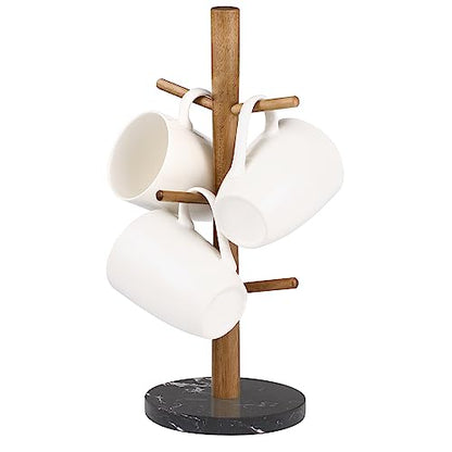 Buruis Mug Holder, Acacia Wood & Marble Base, 6 Hooks Kitchen Countertop Coffee Tea Cups Organizer - color: Round base Black