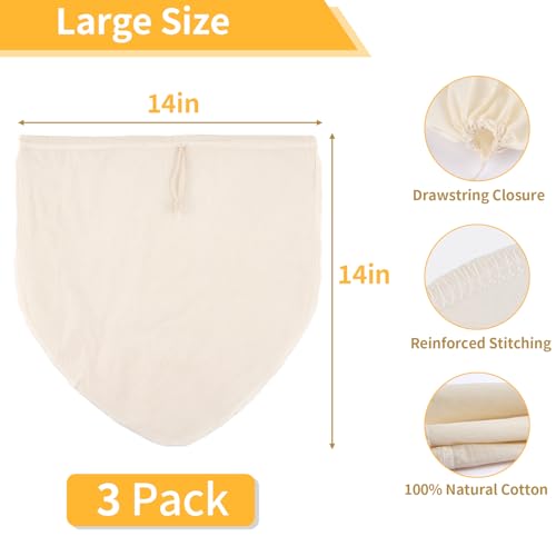 3 Pcs 14"x14" Nut Milk Bag, Natural Unbleached Cotton Cheese Cloth Bag for Straining, Reusable Strainer Bag for Oat Almond Milk, Cheese Making, Yogurt, Juice, Cold Brew Coffee, Beer Tea (14x14 Inch) - size: 14x14 Inch