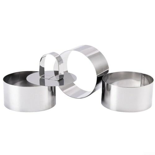 Stainless Steel Cooking Rings Set with Food Press, 4 Piece Kitchen Utensil for Dessert and Food Presentation, Dishwasher Safe Molds for Terrines Mousses Cheesecakes