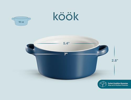 Kook Soup Crocks, Ceramic Stackable Bowls, Broil, Oven, Microwave and Dishwasher Safe, with Handles, For Casserole, Pasta, Cereal, Capacity 18 oz, Set of 4, (Matte Blue) - color: Matte Blue