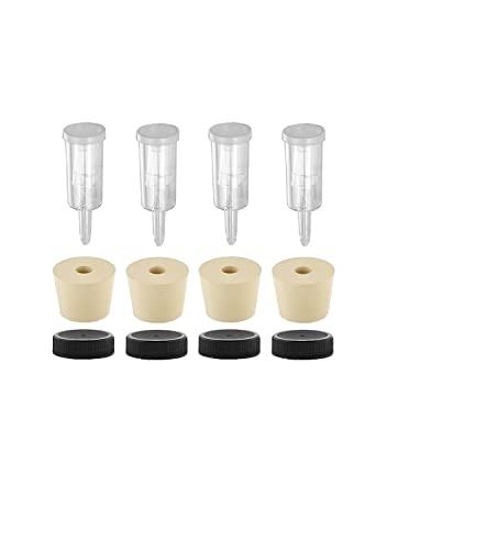 North Mountain Supply 3-Piece Airlock, 6.5 Drilled Rubber Stopper, and 38mm Black Plastic Lid - Pack of 4