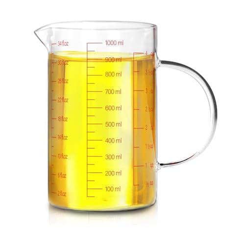 WhiteRhino Glass Measuring Cup,4Cup/1000ml/32oz Liquid Measuring Cups, Measuring Cup With Handle and V-Shaped Spout, Glass Beaker with Three Scales (OZ, Cup, ML), Dishwasher/Freezer/Microwave Safe - color: 4 Cup / 1000ml / 32oz - Glass