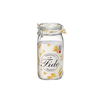 Bormioli Rocco Fido Squared Wide Mouth Glass Jar with Airtight Gasket Clamp Lid for Canning and Food Storage, Clear Top, 50.75 oz.