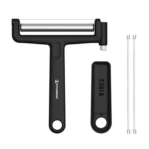 KITCHENDAO Replaceable Wire Cheese Slicer,50% Stronger Wires with 2nd Gen Wire Fixing Mechanism, Tightness Adjustable Aluminum Cheese Cutter, Easy Replacement, 2 Extra Wires - color: Black