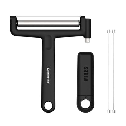 KITCHENDAO Replaceable Wire Cheese Slicer,50% Stronger Wires with 2nd Gen Wire Fixing Mechanism, Tightness Adjustable Aluminum Cheese Cutter, Easy Replacement, 2 Extra Wires - color: Black