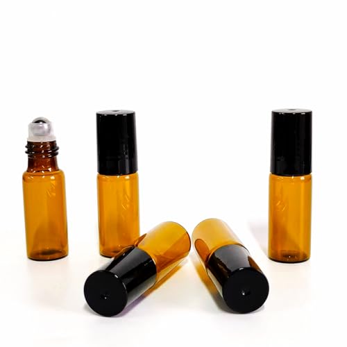 50 PCS 5ml Amber Glass Roller Bottle,Essential Oil Sample Vials with Stainless Steel Roller Ball,Black Caps,for Travel Perfume Cosmetics Small Container(2 Funnels, 2 Dropper, 1 Opener) (5ml) - size: 5ml