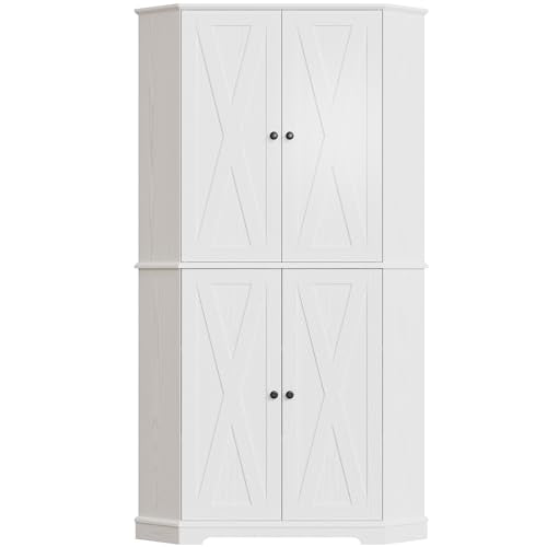 IRONCK Corner Cabinet, 72" H Kitchen Pantry Storage Cabinet, 4 Barn Doors with Storage Rack, 4 Adjustable Shelves, 6-Tier Tall Food Pantry Cabinet, Farmhouse Hutch for Kitchen Dining Room, White
