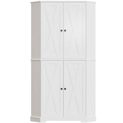 IRONCK Corner Cabinet, 72" H Kitchen Pantry Storage Cabinet, 4 Barn Doors with Storage Rack, 4 Adjustable Shelves, 6-Tier Tall Food Pantry Cabinet, Farmhouse Hutch for Kitchen Dining Room, White