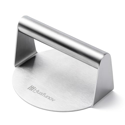 Husfunov Stainless Steel Burger Press, 5.5 Inch Round Smasher,Non-Stick Smooth Hamburger Press,Flat Bottom Without Ridges, for Cooking Burgers, Bacon, Ground Beef, Meats, Sausage and So On - size: 5.5inch-Steel Handle