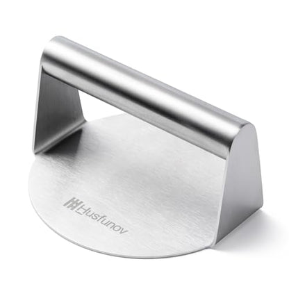 Husfunov Stainless Steel Burger Press, 5.5 Inch Round Smasher,Non-Stick Smooth Hamburger Press,Flat Bottom Without Ridges, for Cooking Burgers, Bacon, Ground Beef, Meats, Sausage and So On - size: 5.5inch-Steel Handle