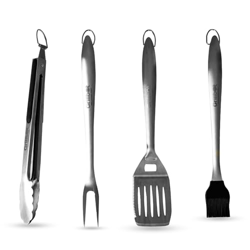 Grillbot 4-Piece Grill Utensils Kit, BBQ Accessories Grill Tools Set, Stainless Steel Barbecue Grill Accessories for Outdoor Grill (Tongs, Spatula, Fork, Basting Brush) Grilling Gifts for Men Dad - color: BBQ Tool Set