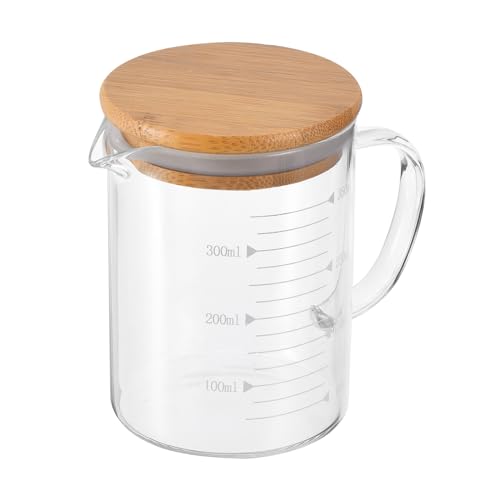 PATIKIL 350ml Glass Measuring Cup, 3.3 Borosilicate Glass Graduated White Printed Scale Liquid Measure Cups Beaker with Wood Lid and V-Shaped Spout for Kitchen - color: White, size: 350ml