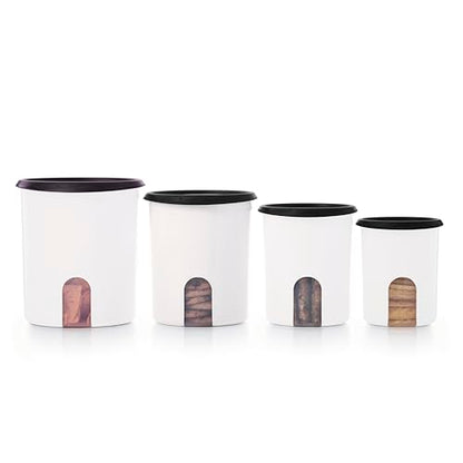 Tupperware One Touch Reminder Canisters 4 Canister Food Storage Set in White & Black, Dishwasher Safe and BPA Free, (4 Containers, 4 Lids) - color: 4 Canister Set - One-Touch White/Black